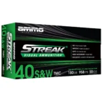 Product Features & Specifications Ammo Inc 40180TMCSTRKGRN50 Streak Visual (GREEN) 40S&W 180gr Total Metal Case 50 Per Box/20 Case STREAKs allows the shooter to visually see the projectiles path toward its target.STREAK rounds are nonincendiary. They do not generate heat so they are safe to use in environments where tracers are prohibited and can become a serious fire hazard.The results are game-changing in many aspects for the consumer, law enforcement, and military. For indoor range use and low light shooting. Brand Ammo Inc Model Streak Visual (GREEN) Caliber 40 S&W Rounds Per Box 50 Muzzle Velocity 958 fps Boxes Per Case 20 Bullet Type Total Metal Case Bullet Weight 180 gr SKU 173064 UPC 818778023547 MPN 40180TMCSTRKGRN50