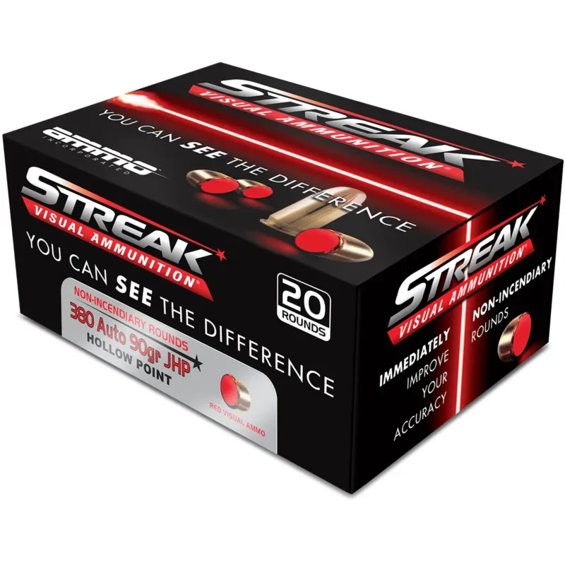 Ammo Inc 380090JHPSTRKRED Streak Visual (RED) 380Auto 90gr Jacketed Hollow Point 20 Per Box