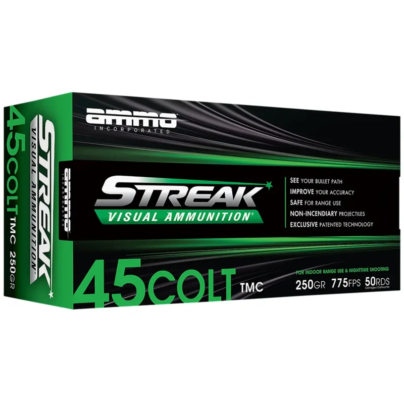 Ammo Inc 45C250TMCSTRKGRN50 Streak Visual (GREEN) 45Colt 250gr Total Metal Case 50 Per Box