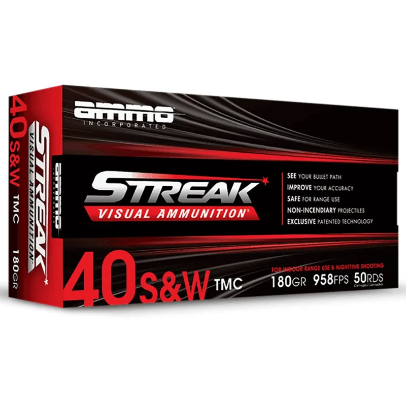 Ammo Inc 40180TMCSTRKRED50 Streak Visual (RED) 40S&W 180gr Total Metal Case 50 Per Box